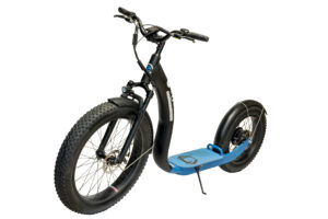 Detailed view of the sturdy frame and wide tires of a stylish fat-tire electric scooter