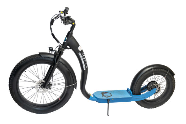 Detailed view of the sturdy frame and wide tires of a stylish fat-tire electric scooter